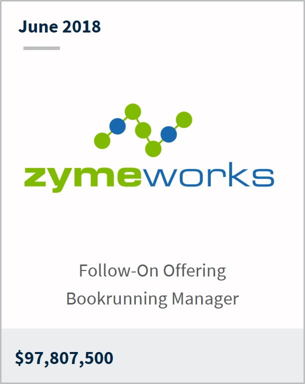 June 2018 Zymeworks $97,807,500 follow-on offering bookrunning manager