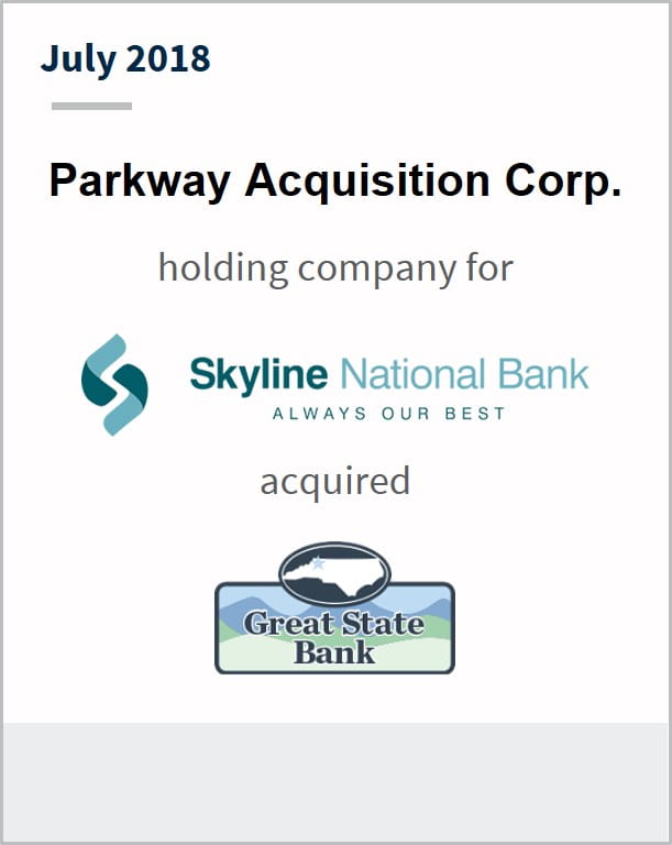 July 2018 Parkway Acquisition Corp holding company for Skyline National Park has acquired Great State Bank