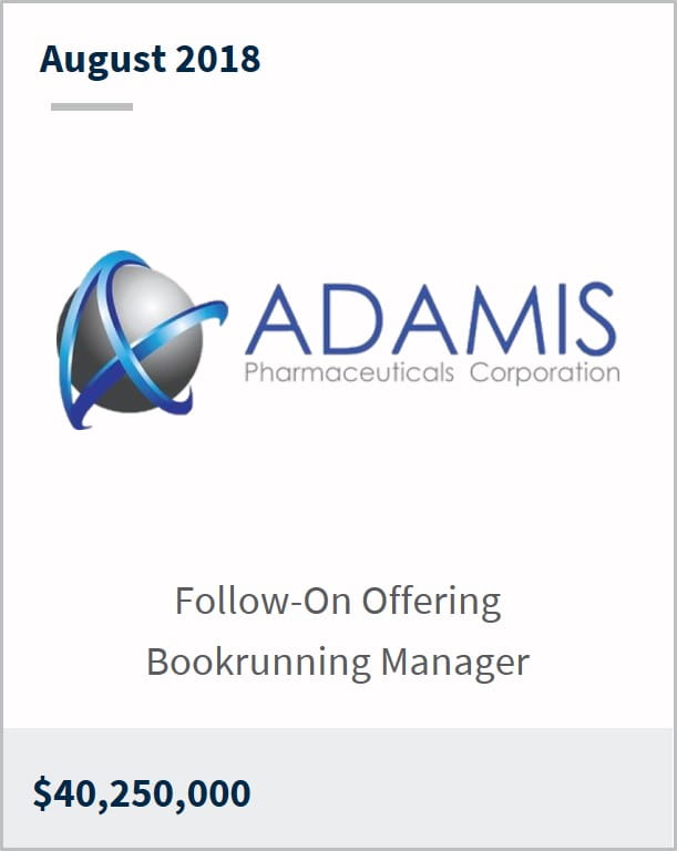August 2018 Adamis Pharmaceuticals Corporation $40,250,000 follow-on offering bookrunning manager