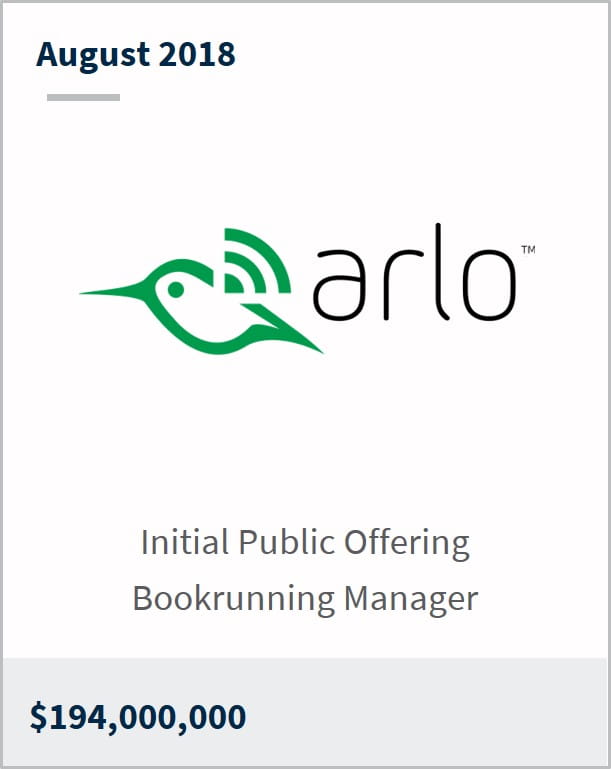 August 2018 Arlo $194,000,000 initial public offering bookrunning manager