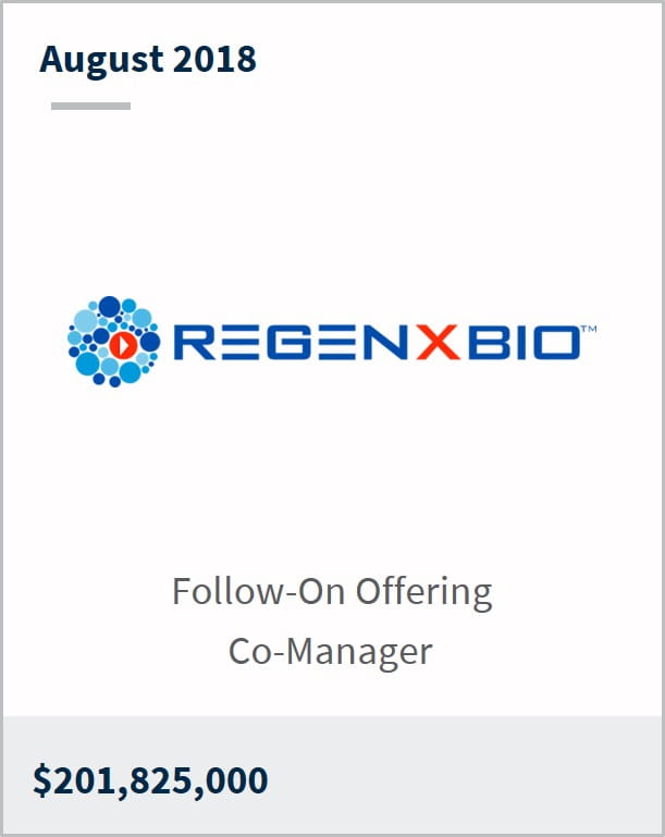 August 2018 REGENXBIO $201,825,000 follow-on offering co-manager