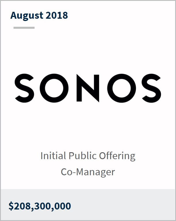 August 2018 Sonos Inc $208,300,000 initial public offering co-manager