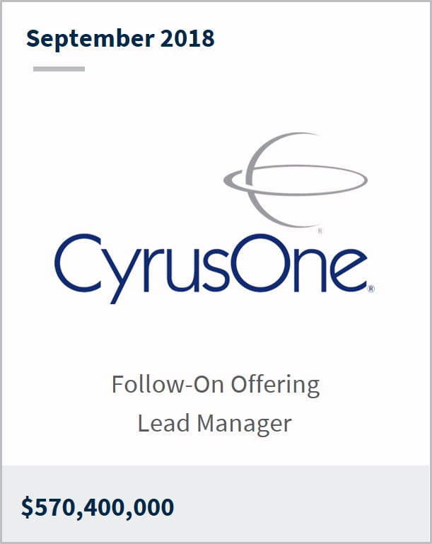 September 2018 CyrusOne $570,400,000 follow-on offering lead manager