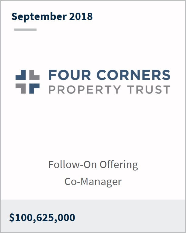 September 2018 Four Corners Property Trust $100,625,000 follow-on offering co-manager