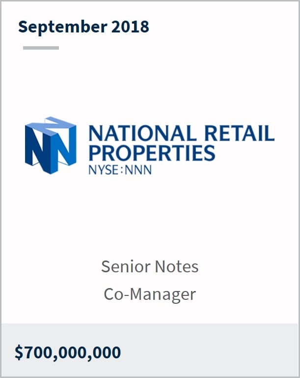 September 2018 National Retail Properties $700,000,000 senior notes co-manager