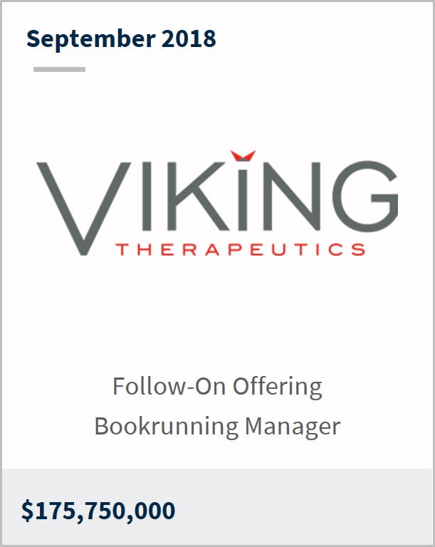 September 2018 Viking Therapeutics $175,750,000 follow-on offering bookrunning manager
