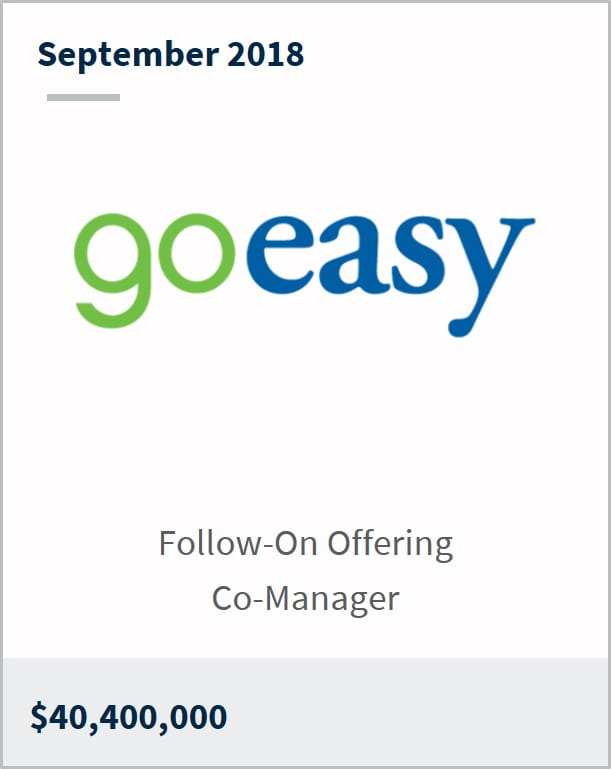 September 2018 goeasy $40,400,000 follow-on offering co-manager