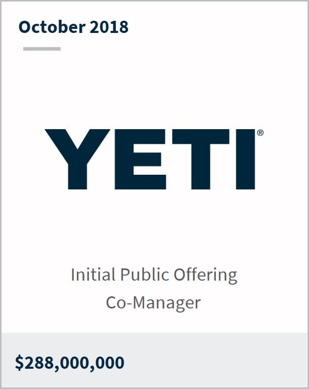 October 2018 YETI $288,000,000 initila public offering co-manager
