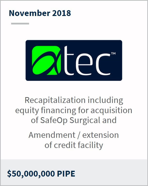 November 2018 Alphatec Holdings $50,000,000 PIPE recapitalization including equity financing for acquisition of safeop surgical and amendment of credit facility