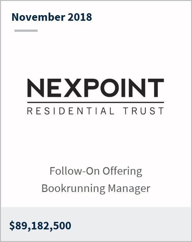 November 2018 NexPoint Residential Trust $89,182,500 follow-on offering bookrunning manager