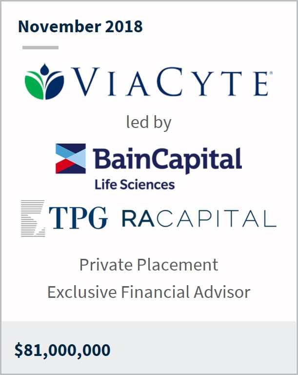 November 2018 Viacyte led by Bain Capital | TPG | RACapital $81,000,000 private placement exclusive financial advisor