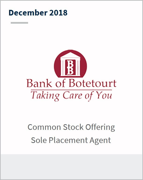 December 2018 Bank of Botetourt common stock offering sole placement agent
