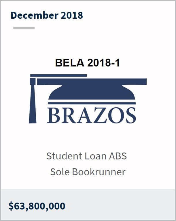 December 2018 Brazos High Education Service Corporation $63,800,000 student loan ABS sole bookrunner