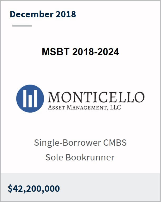 December 2018 Monticello Asset Management $42,200,000 single-borrower CMBS sole bookrunner