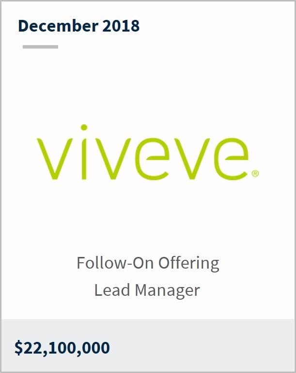 December 2018 Viveve $22,100,000 follow-on offering lead manager