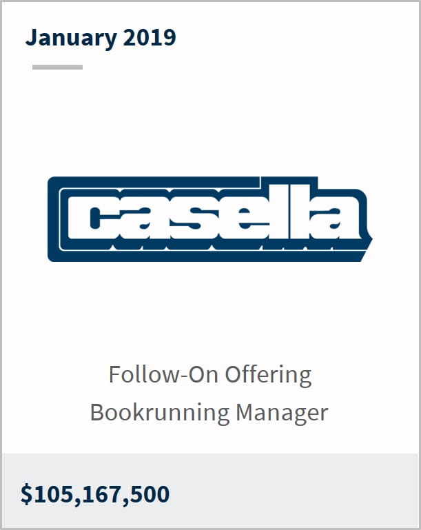 January 2019 Casella Waste Systems $105,167,500 follow-on offering bookrunning manager
