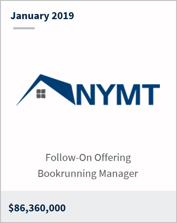 January 2019 NYMT $86,360,000 follow-on offering bookrunning manager