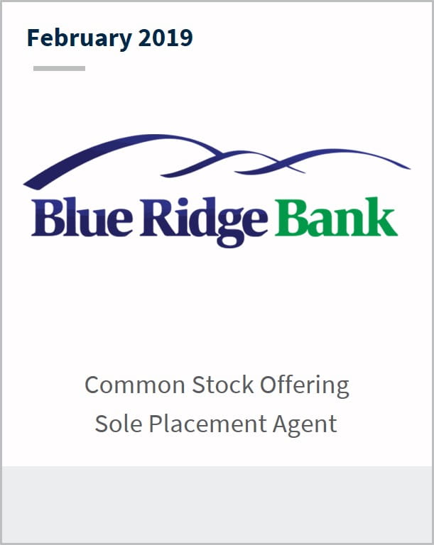 February 2019 Blue Ridge Bank common stock offering sole placement agent