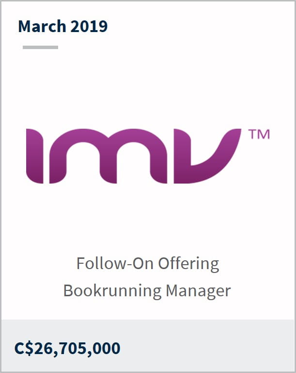 March 2019 IMV C$26,705,000 follow-on offering bookrunning manager 