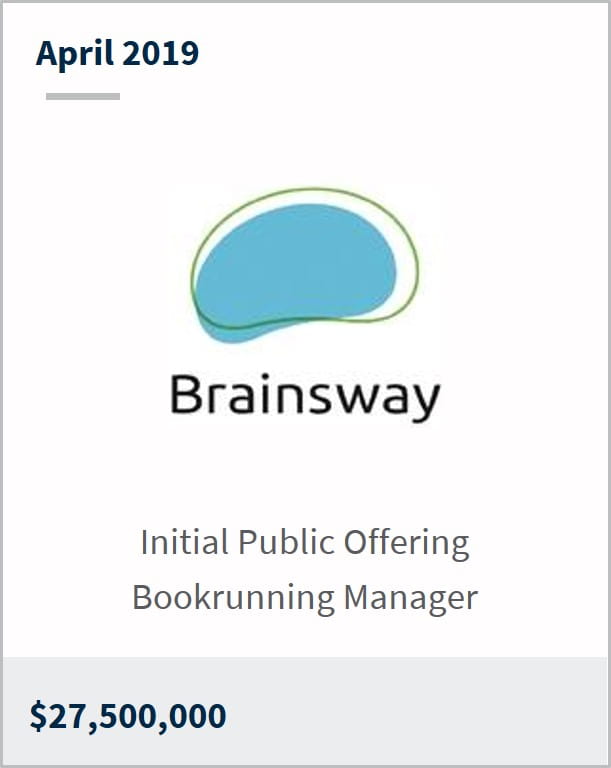 April 2019 Brainsway $27,500,000 initial public offering bookrunning manager