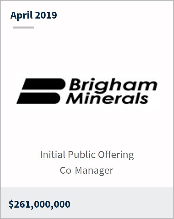 April 2019 Brigham Minerals $261,000,000 initial public offering co-manager