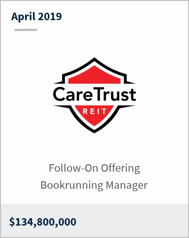 April 2019 CareTrust REIT $134,800,000 follow-on offering bookrunning manager