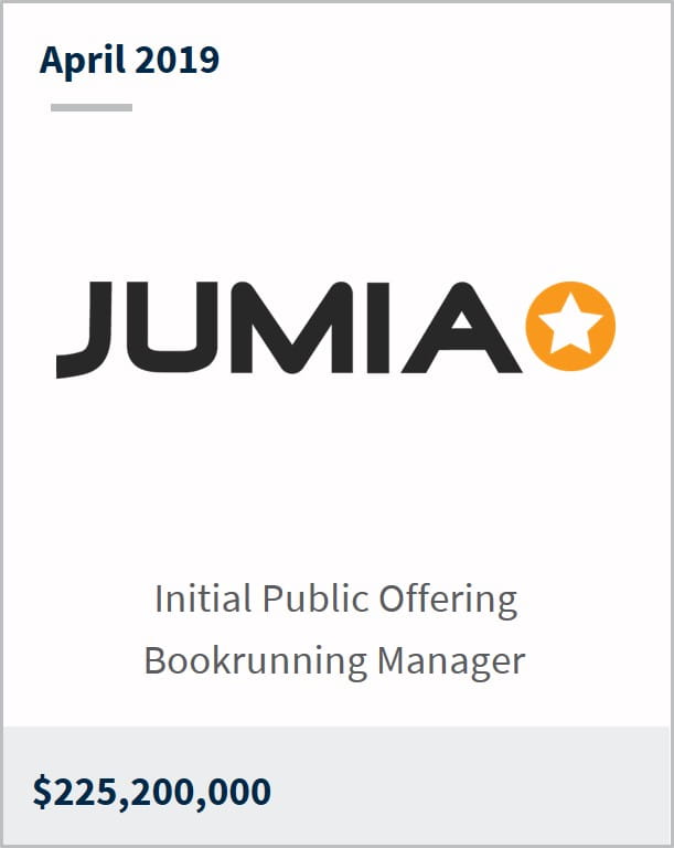 April 2019 Jumia $225,200,000 initial public offering bookrunning manager 