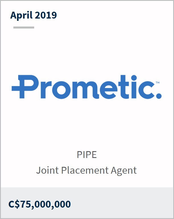 April 2019 Prometic C$75,000,000 PIPE joint placement agent