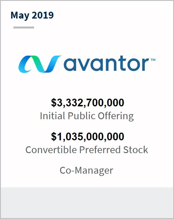 May 2019 Avantor Inc $3,332,700,000 initial public offering $1,035,000,000 convertible preferred stock co-manager