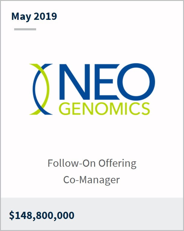 May 2019 NeoGenomics $148,800,000 follow-on offering co-manager