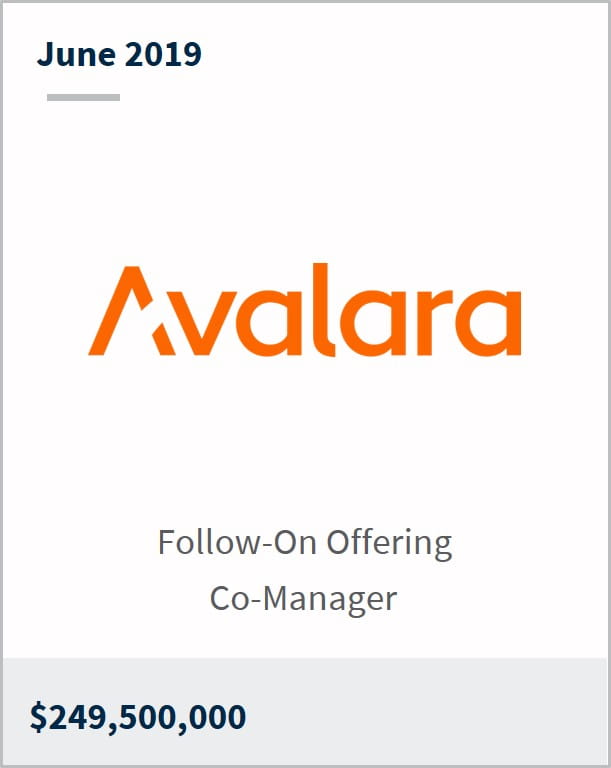 June 2019 Avalara $249,500,000 follow-on offering co-manager