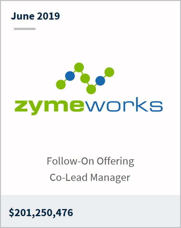 June 2019 Zymeworks $201,250,476 follow-on offering co-lead manager