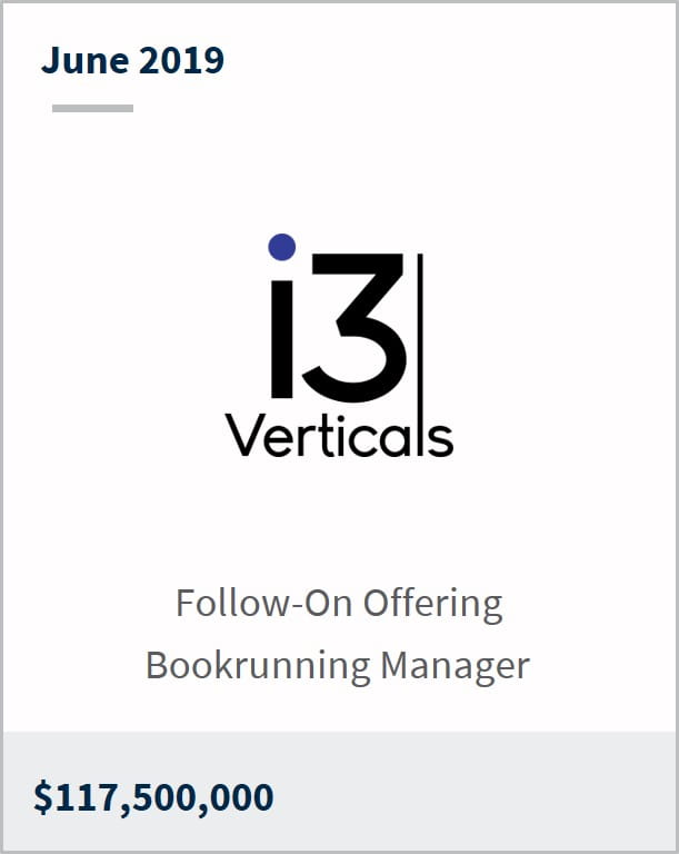 June 2019 i3 Verticals $117,500,000 follow-on offering bookrunning manager
