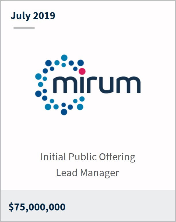 July 2019 Mirum Pharmaceuticals $75M initial public offering lead manager