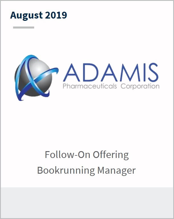 August 2019 Adamis Pharmaceuticals follow-on offering bookrunning manager