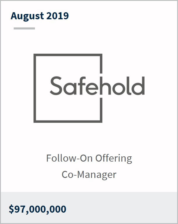 August 2019 Safehold $97,000,000 follow-on offering co-manager