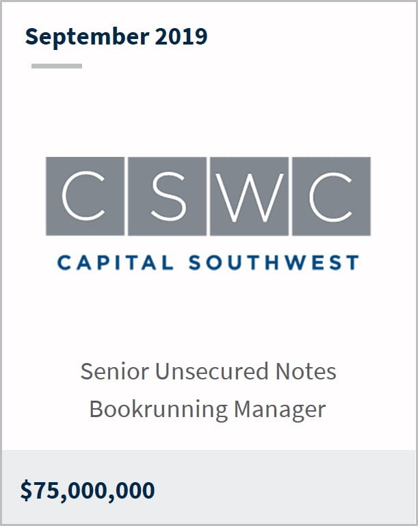 September 2019 Capital Southwest $75M senior unsecured notes bookrunning manager