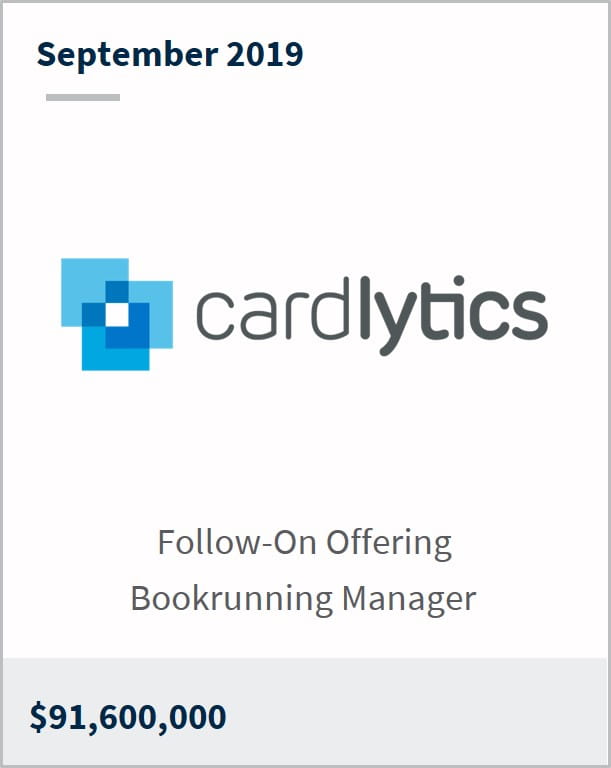 September 2019 Cardlytics $91,600,000 follow-on offering bookrunning manager