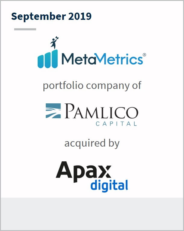 September 2019 MetaMetrics a portfolio company of Pamlico Capital has been acquired by Apax Digital