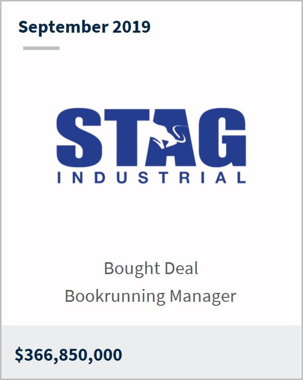 September 2019 STAG Industrial $366,850,000 bought deal bookrunning manager