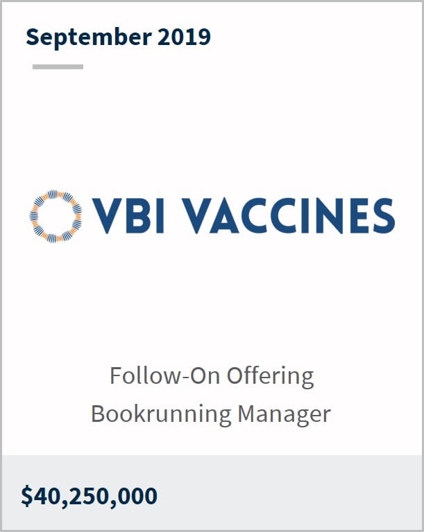 September 2019 VBI Vaccines $40,250,000 follow-on offering bookrunning manager