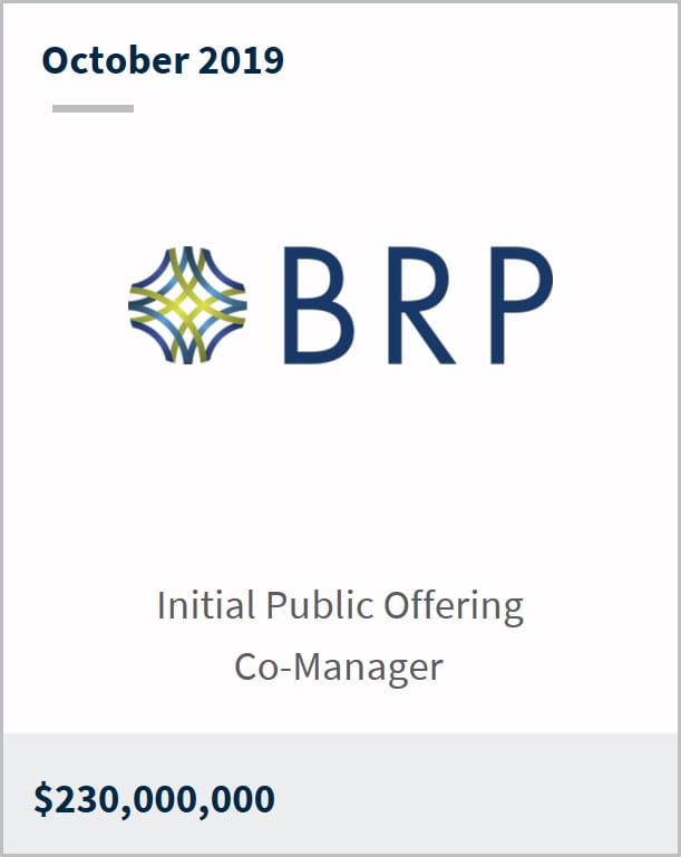 October 2019 BRP Group $230M initial public offering co-manager