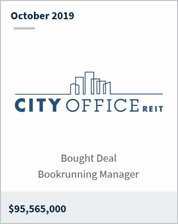 October 2019 City Office REIT $95,565,000 bought deal bookrunning manager