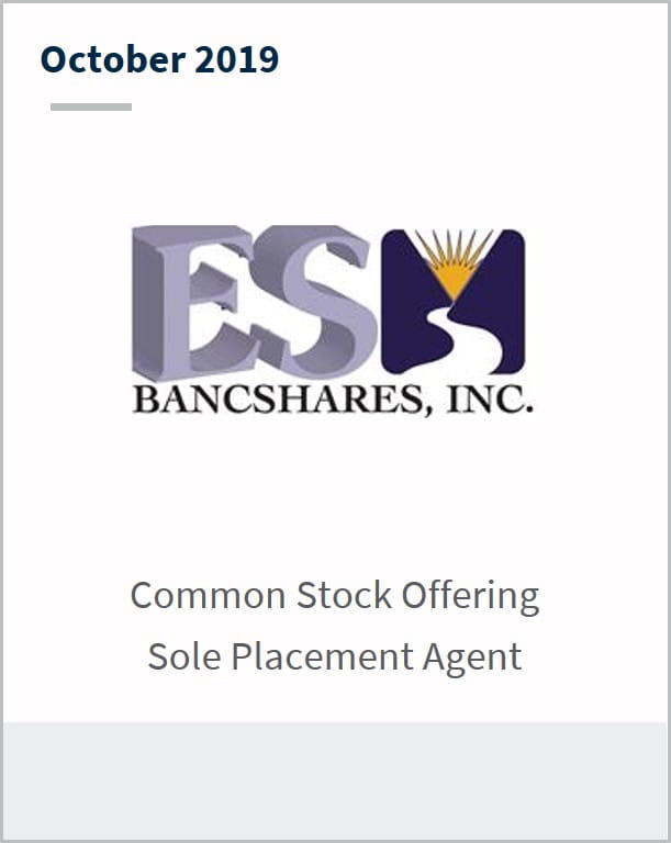 October 2019 ES Bancshares Inc. common stock offering sole placement agent