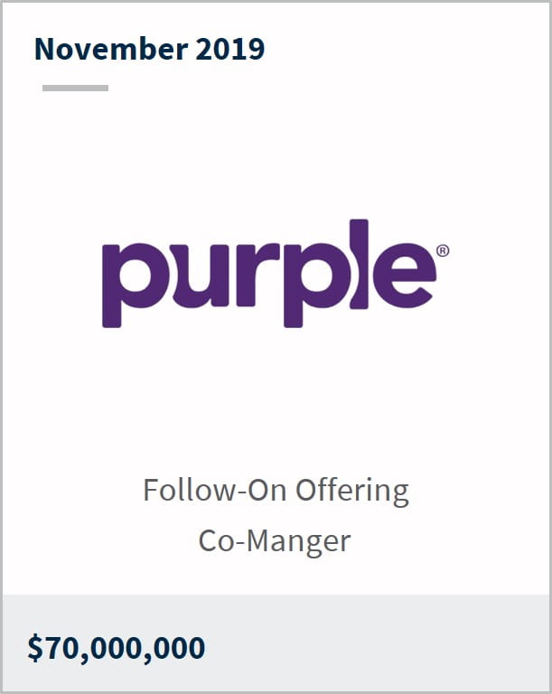 November 2019 Purple Innovations $70,000,000 follow-on offering co-manager