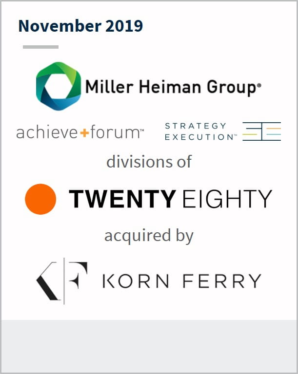 November 2019 Miller Heiman Group divisions of TwentyEighty have been acquired by Korn Ferry