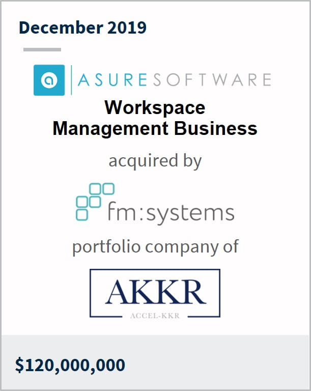 December 2019 Asure Software Workspace Management Business has been acquired by Fm:Systems a portfolio company of AKKR $120M