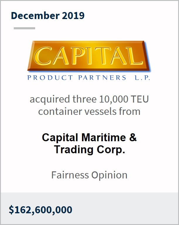 December 2019 Capital Product Partners has acquired three 10,000 TEU container vessels from Capital Maritime & Trading corp. $162,600,000