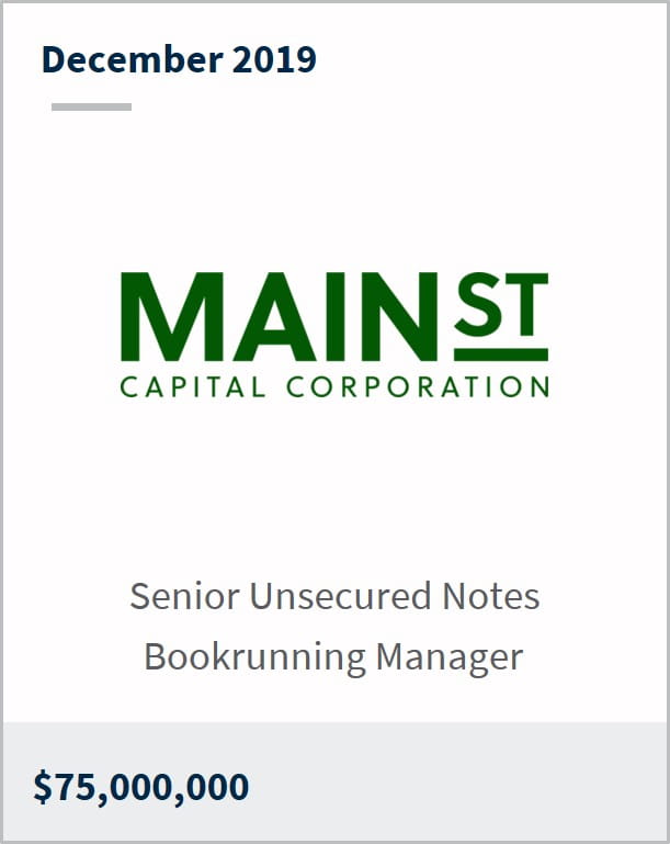 December 2019 Main Street Capital $75M senior unsecured notes bookrunning manager