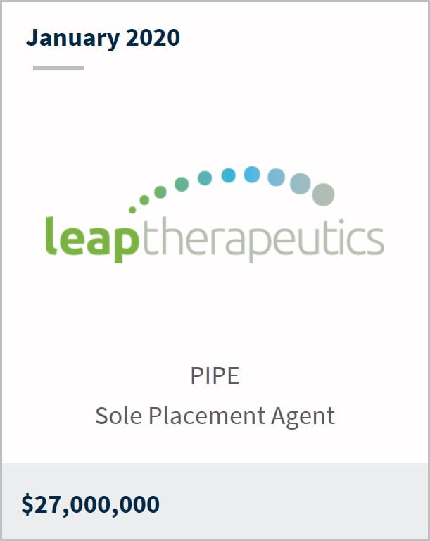 January 2020 Leap Therapeutics $27,000,000 PIPE sole placement agent